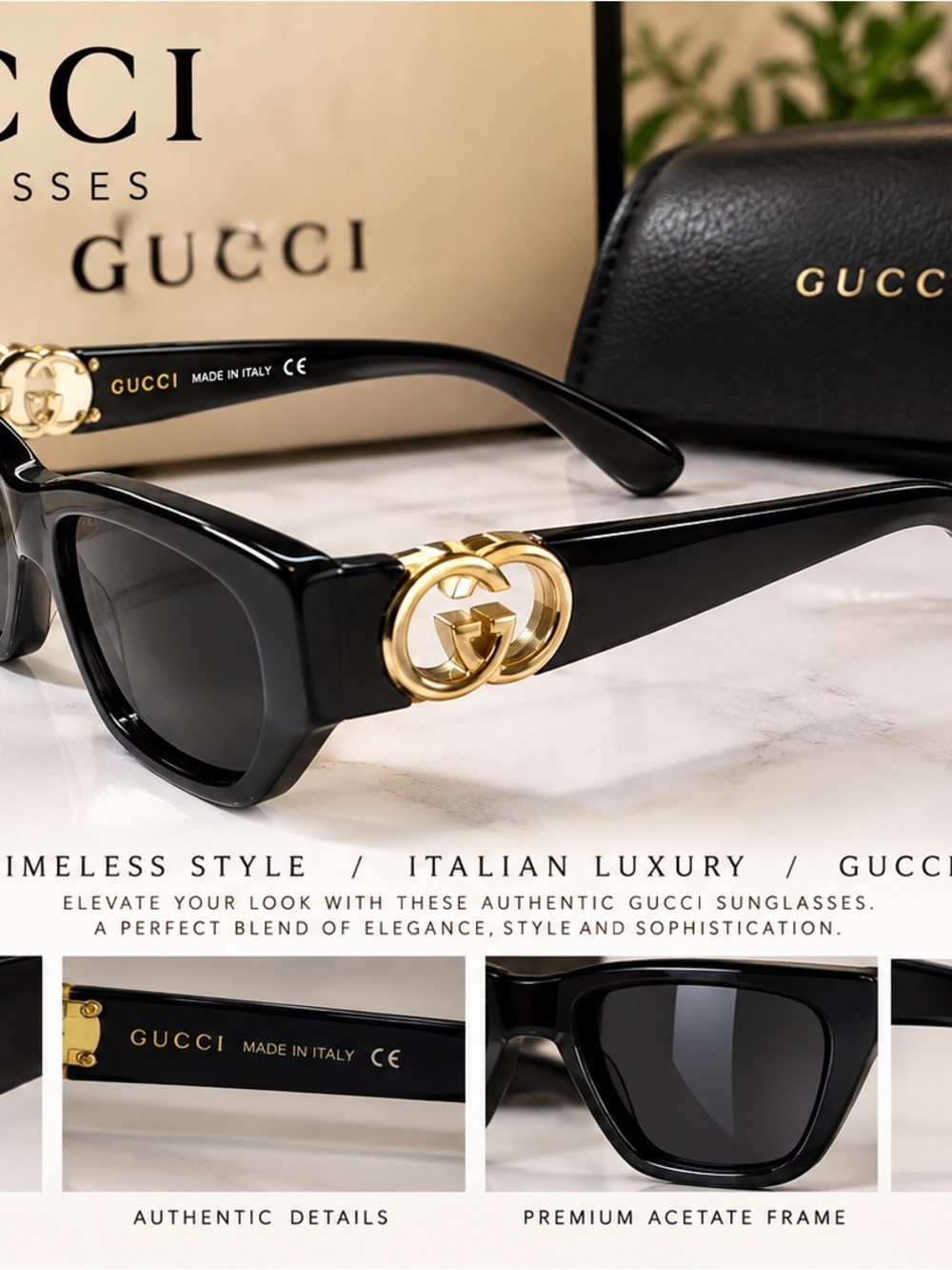 Gucci Black Sunglasses with Gold Interlocking GG